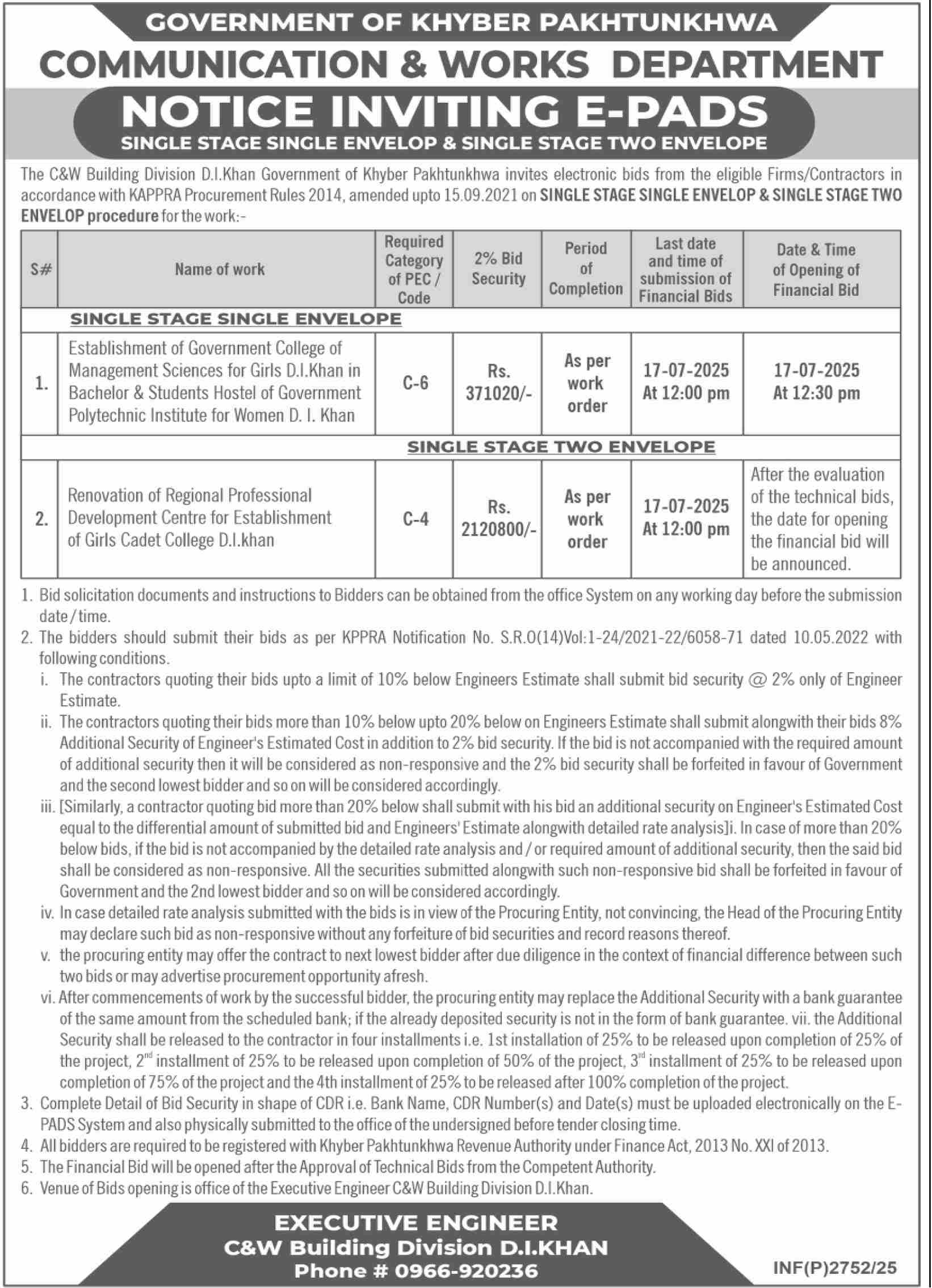 Communication & Works Department D.I.Khan Tender Notice